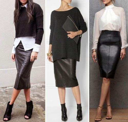 Кожаная юбка и свитер. С чем носить кожаную юбку 05 Кожаная юбка и свитер. С чем носить кожаную юбку 05