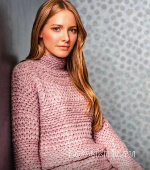 Женский пуловер платочной вязкой. Удлиненный свитер платочной вязки спицами