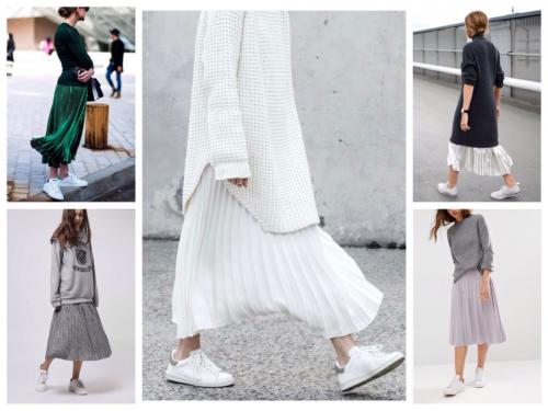 Юбка на осень с кроссовками. Юбка плиссе с кроссовками: модные луки 2020