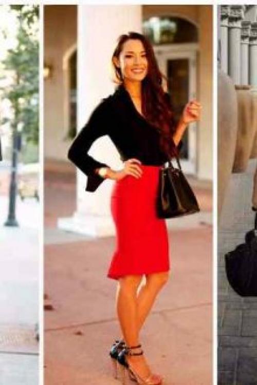 Красная юбка черная блузка.