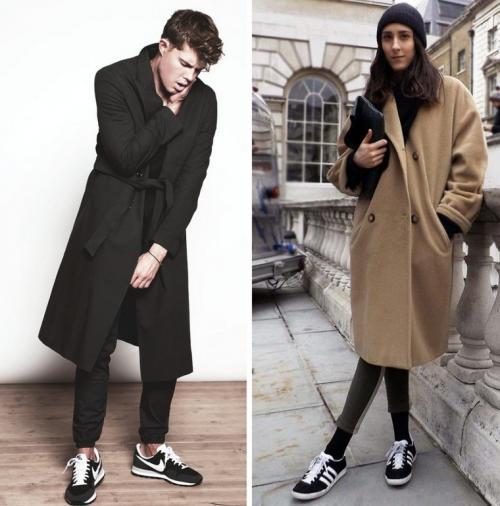 Серое пальто с белыми кроссовками. Гармоничные цветовые сочетания