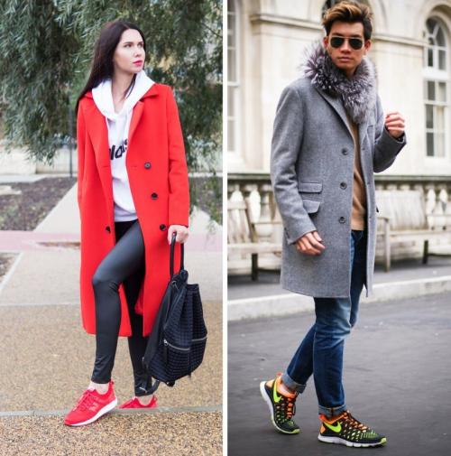 Серое пальто с белыми кроссовками. Гармоничные цветовые сочетания