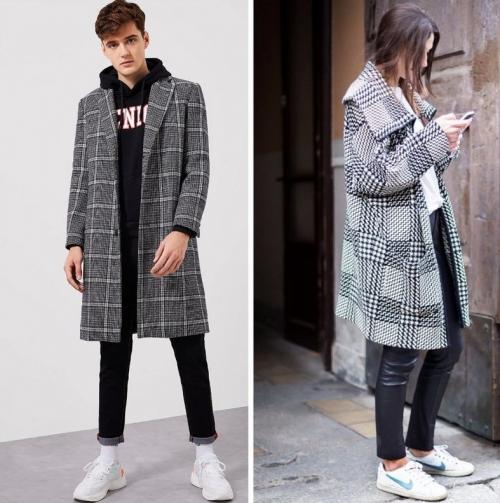 Серое пальто с белыми кроссовками. Гармоничные цветовые сочетания