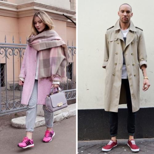 Серое пальто с белыми кроссовками. Гармоничные цветовые сочетания