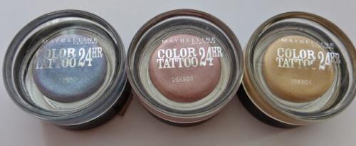 Color Tattoo Eyeshadow Collection. Maybelline Color Tattoo 24 HR # 65 Pink Gold, 05 Eternal Gold  87 Mauve Crush