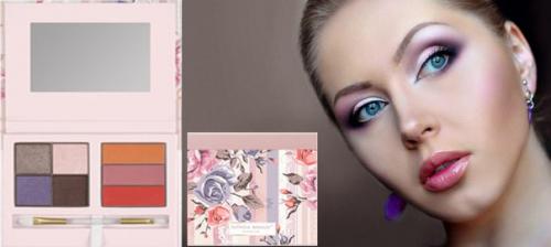 Компактная палетка с романтичным цветочным узором на коробочке состоит из четырех теней для глаз и трех блесков для губ. 01